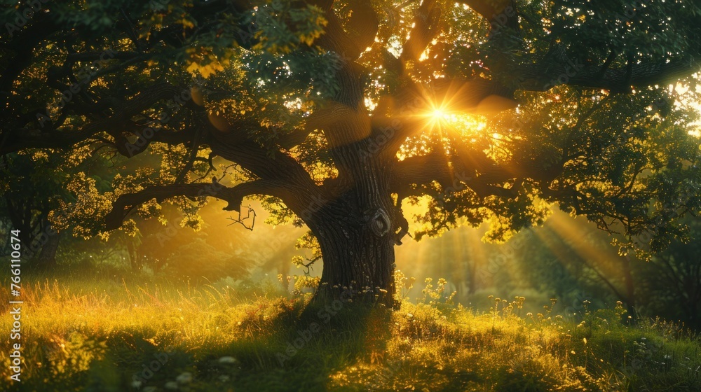 Morning Glow on Ancient Oak: Sunlit Foliage of a Timeless Tree
