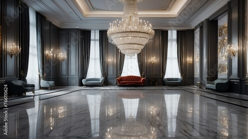 Silver themed luxury grand ballroom hall with stunning chandelier and polished marble floor from Generative AI photo