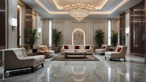 White themed hotel waiting area with sofa chairs and luxury carpet on a polished marble floor from Generative AI