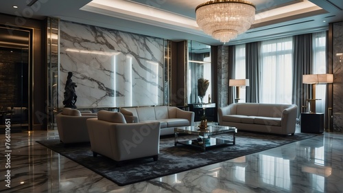 Silver themed hotel waiting area with sofa chairs and luxury carpet on a polished marble floor from Generative AI