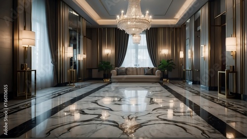 Silver themed hotel walkway with luxury carpet with stunning chandelier and polished marble floor from Generative AI