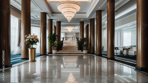 White themed hotel walkway with luxury carpet with stunning chandelier and polished marble floor from Generative AI