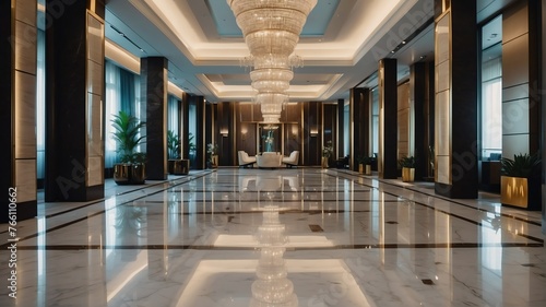 White themed hotel walkway with luxury carpet with stunning chandelier and polished marble floor from Generative AI © Arceli