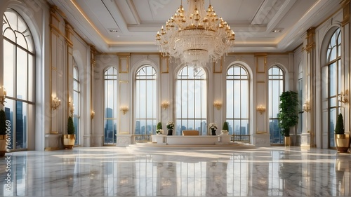 White themed luxury grand ballroom hall with stunning chandelier and polished marble floor from Generative AI