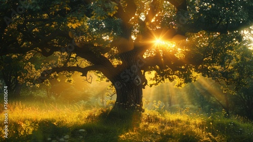 Morning Glow on Ancient Oak  Sunlit Foliage of a Timeless Tree