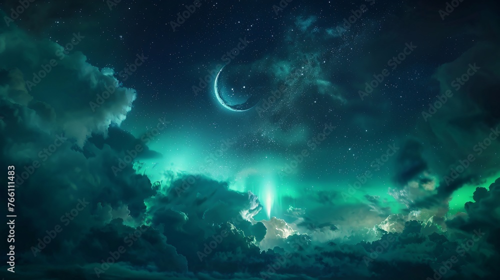 Fototapeta premium A Dark Sky With a Large Crescent Moon and Many Stars