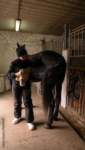 "Person brushing horse's tail in stable
