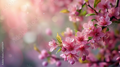 Branch of pink cherry flowers, sakura on a bokeh background. background with place for text. The concept of spring, freshness, tenderness. To create banners, invitation cards