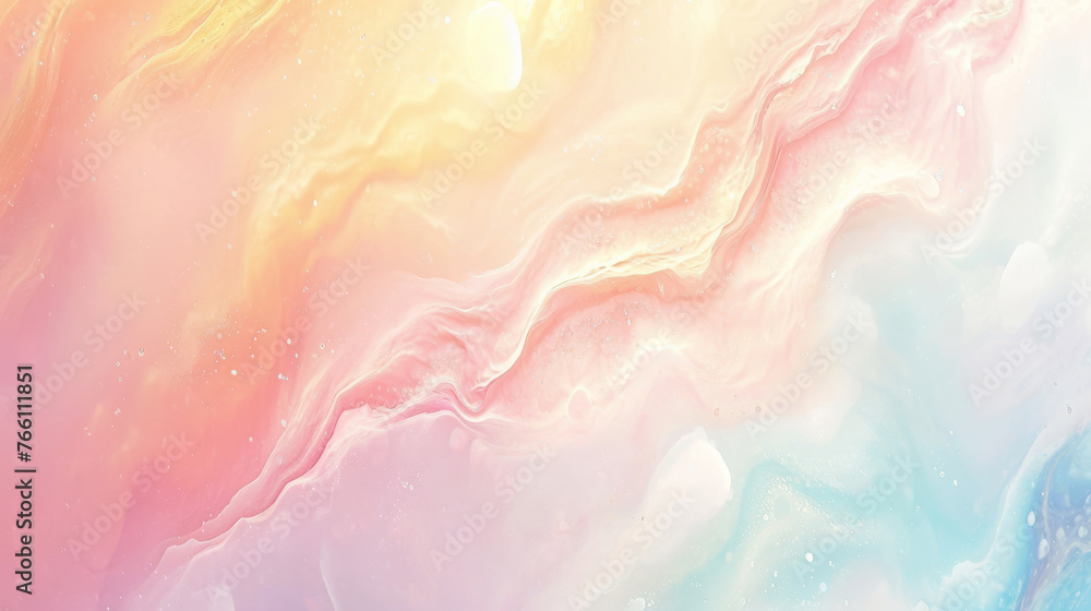 Tranquil pastel banner with swirling colors of pink, orange, blue, resembling soft marbling effect with sparkling particles throughout. For beauty products, gentle backgrounds for wellness or spa - obrazy, fototapety, plakaty 