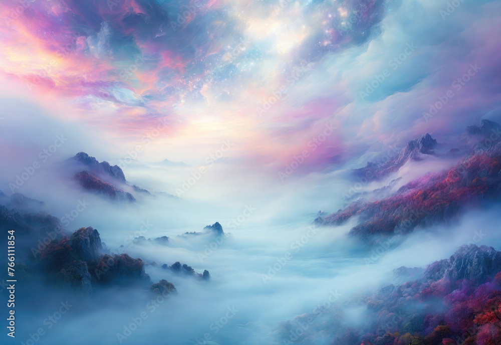 Naklejka premium A breathtakingly fantasy landscape. Abstract colorful fantastic background with mesmerizing fog.