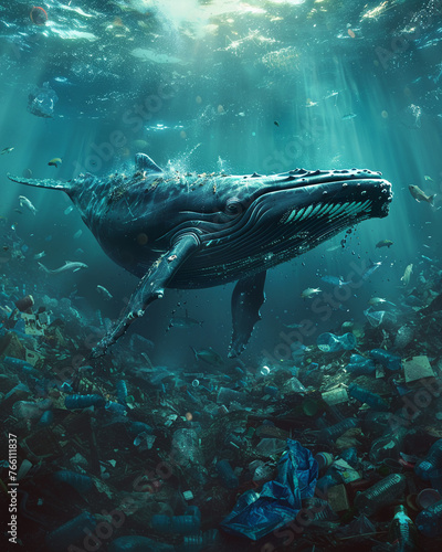 Majestic Whale, swimming through a sea of plastic waste, a powerful symbol of ocean pollution