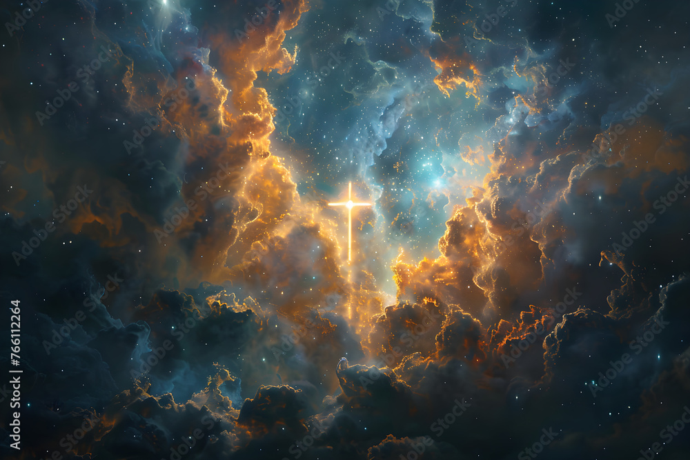 A captivating scene of a luminous cross radiating light against a celestial sky, symbolizing spirituality and hope. Suitable for religious and spiritual purposes.