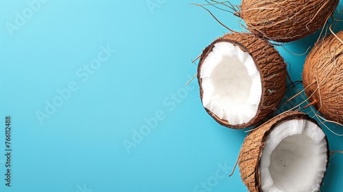 coconuts on a blue background with copyspace photo