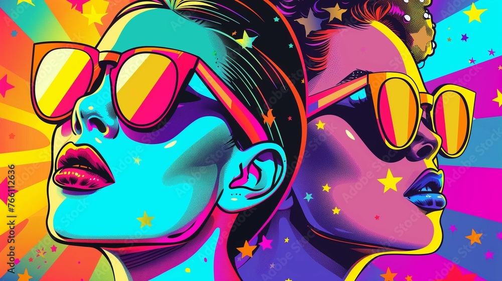 Fototapeta premium Psychedelic Pop Art Female Duo, Vivid Multicolor Illustration