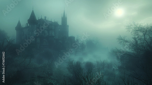 Mysterious castle, fog-covered, rising over the horizon, setting an eerie tone for an epic adventure