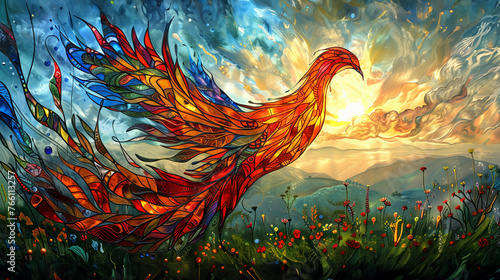Phoenix, Stained Glass, Symbol of Rebirth, Leads to a vibrant meadow filled with colorful flora and fauna