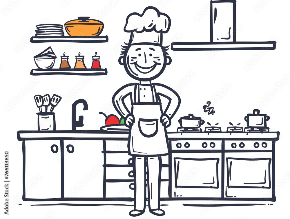 Hand-drawn happy chef in the kitchen. Stick figure illustration. Hand-drawn happy chef in the kitchen. Stick figure illustration.