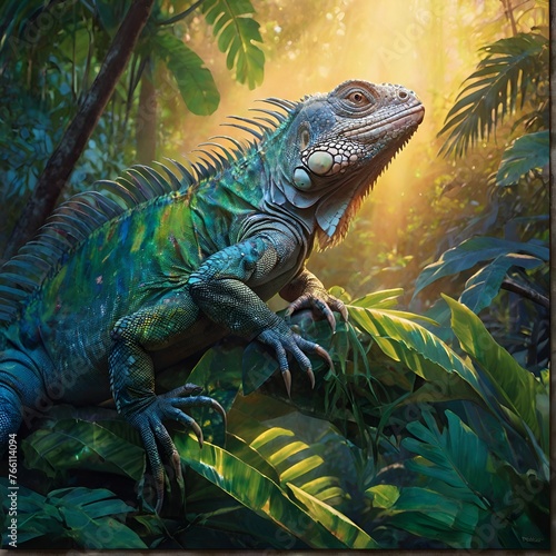 Discover ethereal beauty  AI artwork showcases luminous iguana in exotic nature setting. 