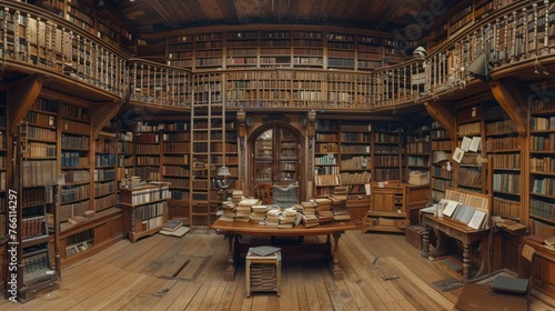 Ornate Wooden Library with Carved Balustrade and Books