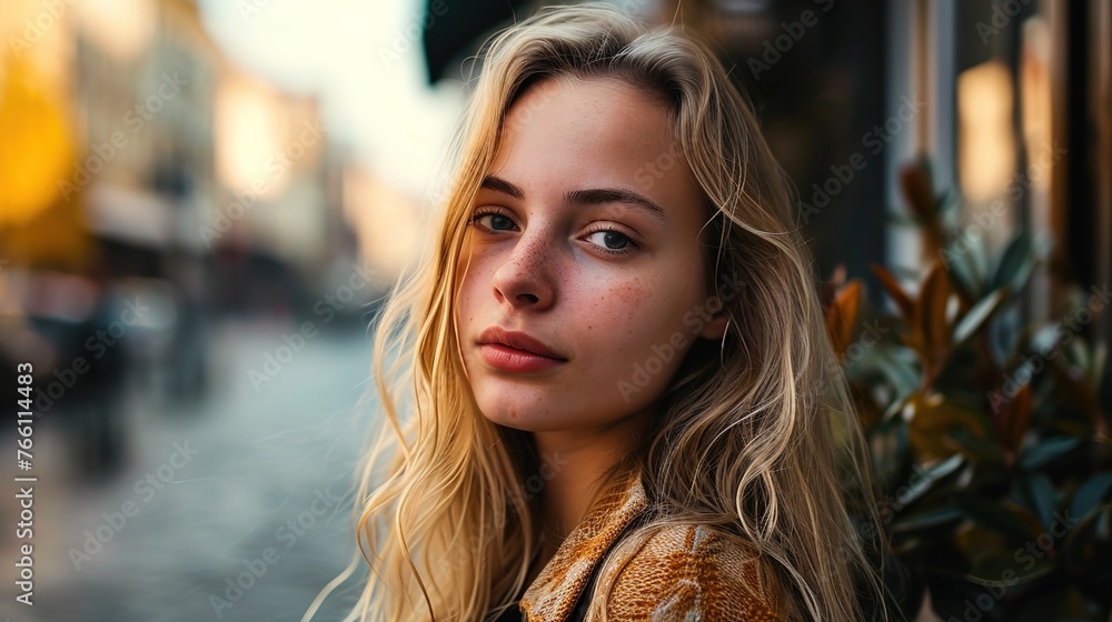 Fototapeta premium A street portrait of a youthful, fair-haired lady 