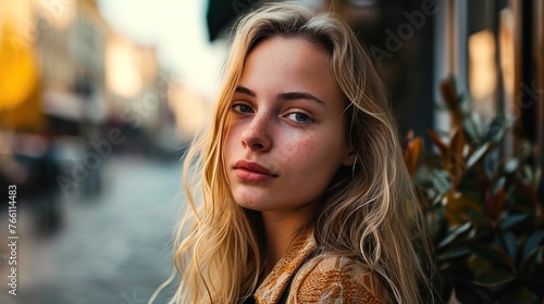 A street portrait of a youthful, fair-haired lady 