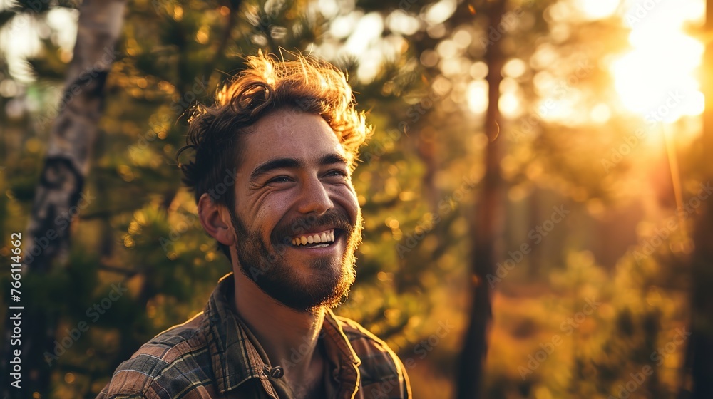 A man wanders beneath a vibrant canopy of fall foliage on sunset