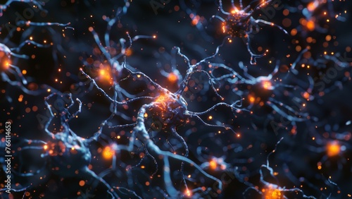 Network of neurons with electrical impulses, brain activity, neurology and computing concept