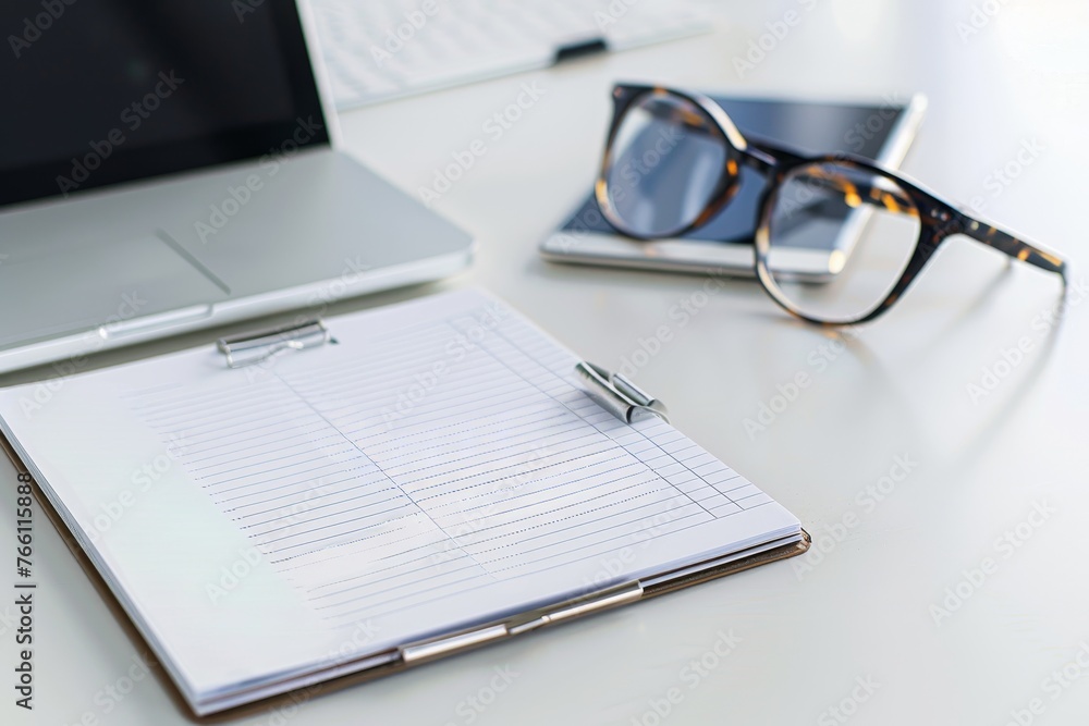White clipboard on office desk with laptop and glasses project planning copy space White clipboard on office desk with laptop and glasses project planning copy space