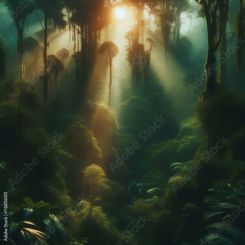 A dense rainforest  with various shades of green and brown  and rays of sunlight peeking through the foliage