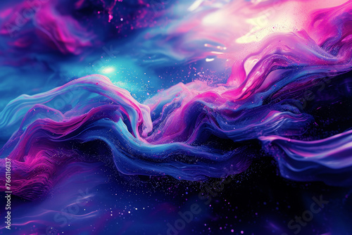 Vivid digital artwork of swirling cosmic waves in pink and blue hues with sparkling stars, illustrating dynamic and abstract celestial theme. Concept of backgrounds, digital art, cosmic themes