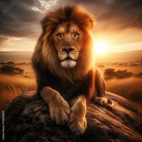 A lion is sitting on a rock in the sun. The lion is looking at the camera. The scene is set in a savanna