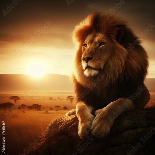 Portrait of A majestic lion rests on a rock  overlooking the vast savanna