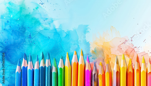 A row of colored pencils are lined up on a blue background