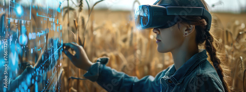  Immersive VR experience with a woman navigating through hologram farmland