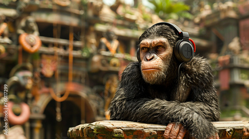 Amidst the ruins of an ancient civilization, chimpanzee with headphones perched atop a fallen column discovers the joy of melodies, a contrast of new joy among old relics
