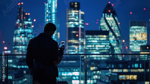 Businessman at night on the rooftop of a building photo