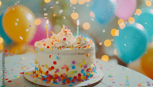 A cake with candles on it is surrounded by colorful confetti