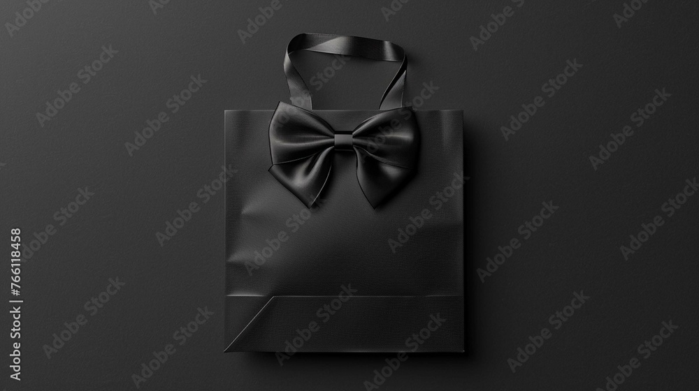 Mockup of a black paper bag with handles and bow ties on clear black background - obrazy, fototapety, plakaty 