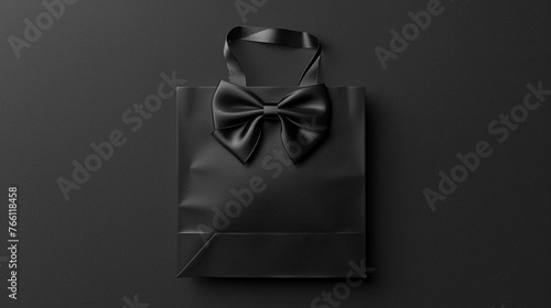 Mockup of a black paper bag with handles and bow ties on clear black background