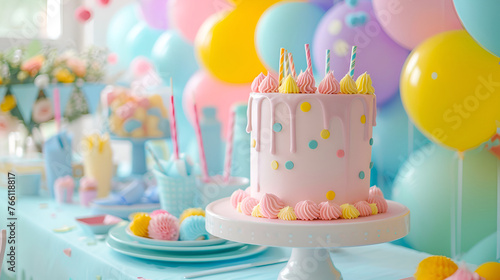 Birthday cake with candles and balloons over blue wall background  copy space birthday decoration table  Birthday cake with different sweets on table near blue wall 