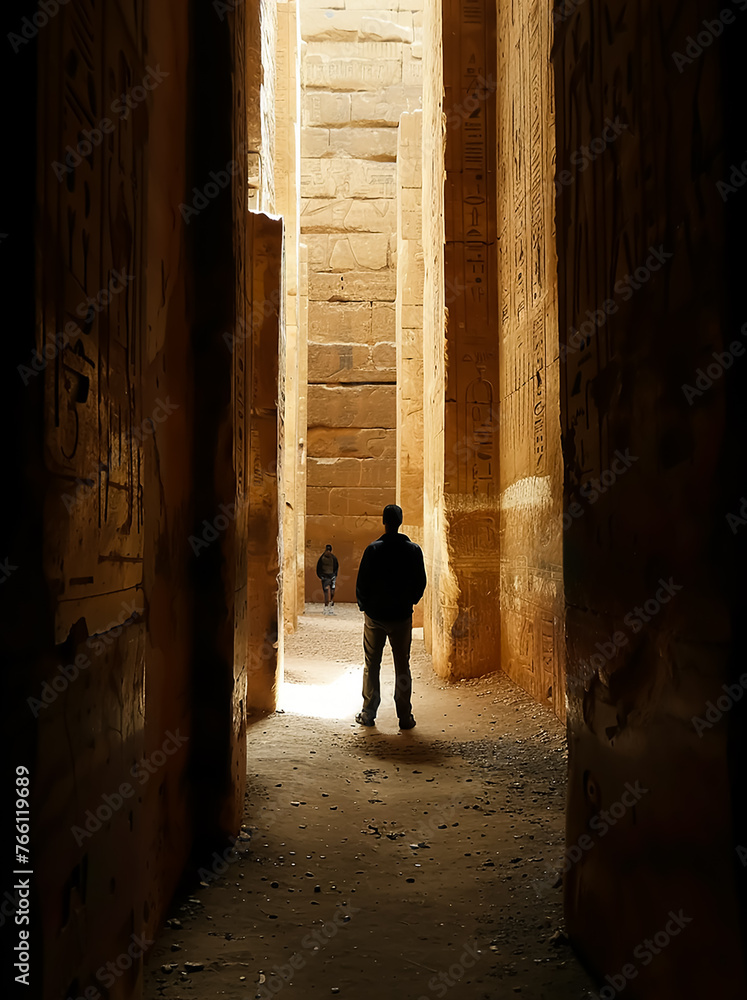 Silhouette Walking man, his back to the camera in a middle of old stone walls, medieval Old City, Dramatic lights 