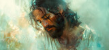 Portrait of Jesus captured in an emotive and serene moment, Christian illustration.