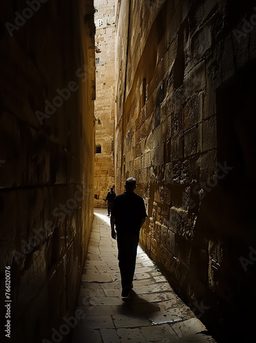 Silhouette Walking man  his back to the camera in a middle of old stone walls  medieval Old City  Dramatic lights 