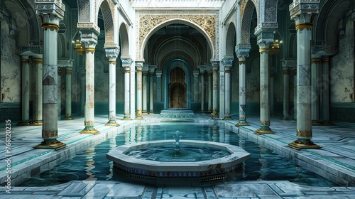 Background  Timeless Islamic courtyard featuring a central fountain surrounded by marble pillars
