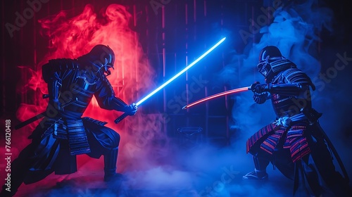 Duo samurai battle futuristic samurai use light saber neon blade