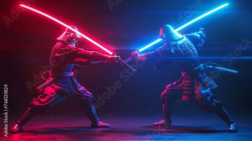 Duo samurai battle futuristic samurai use light saber neon blade photo