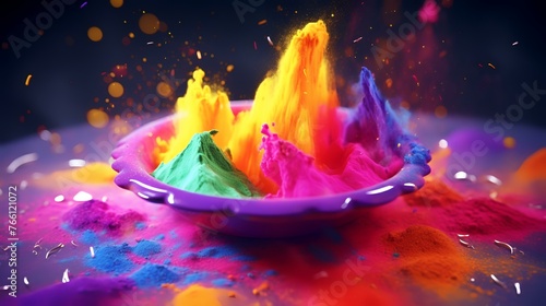 Colorful Holi powder in bowl on dark background  close up