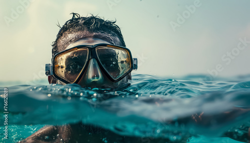 A man in a yellow and black snorkel is swimming in the ocean