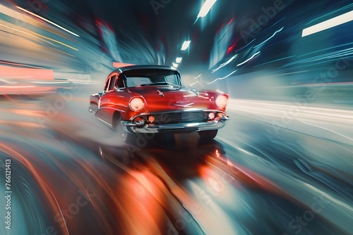 Antique retro vintage car is rushing in high speed at the road on blurred background with a spectacular rays of light, ai generated in blur art photography style, © Graphicsnice