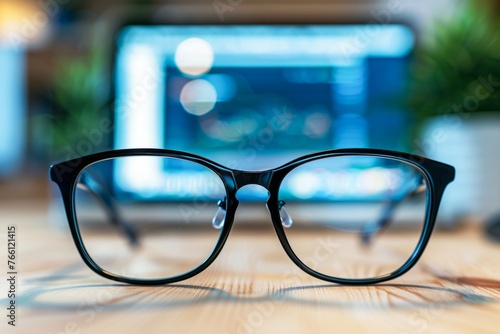 Close-Up of Black Eyeglasses on a Wooden Desk With Blurred Computer Screen in Background